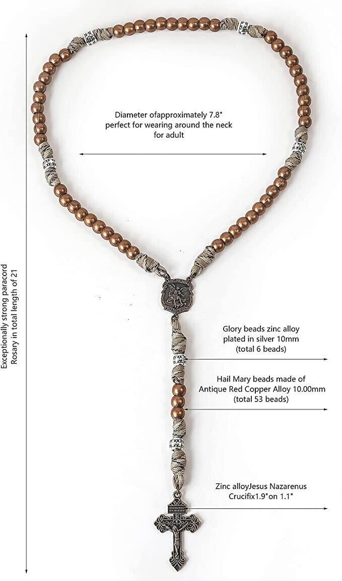 St. Michael Copper Rugged Paracord Rosary Necklace with Strong Metal Beads & Our Father Rosario - Nazareth Store