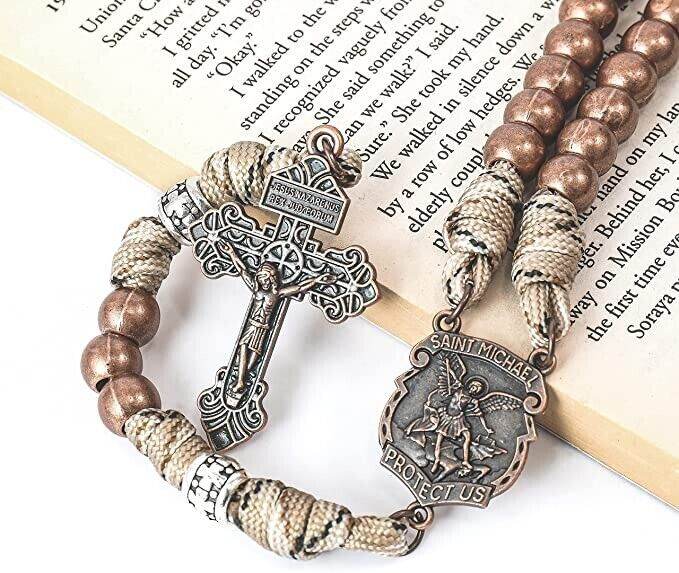 St. Michael Copper Rugged Paracord Rosary Necklace with Strong Metal Beads & Our Father Rosario - Nazareth Store