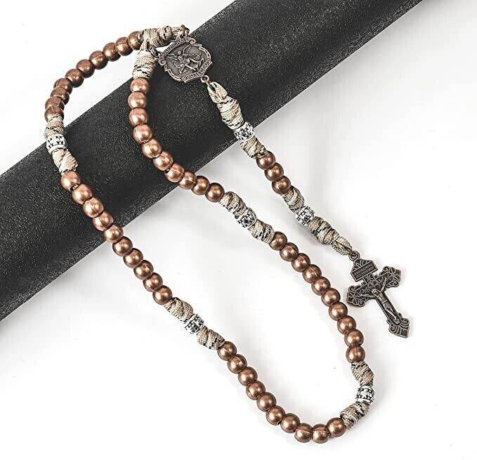 St. Michael Copper Rugged Paracord Rosary Necklace with Strong Metal Beads & Our Father Rosario - Nazareth Store