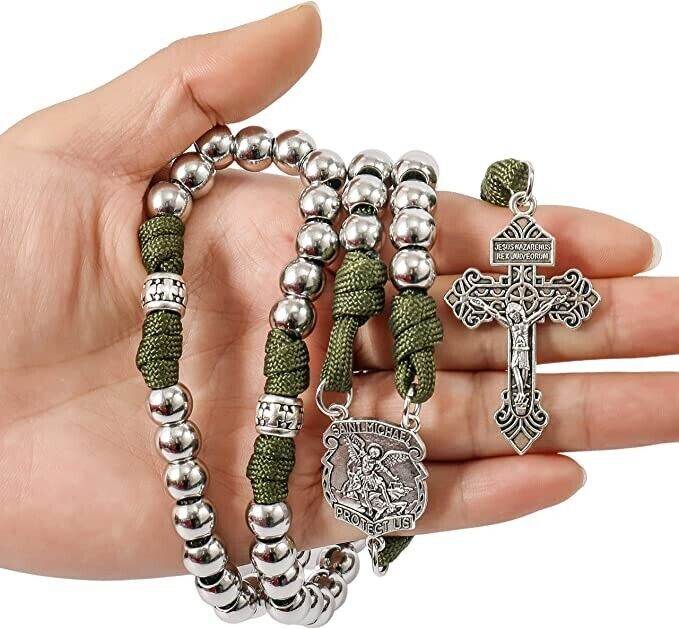 St. Michael Paracord Rosary Necklace with Alloy Beads Our Father Prayer & Jesus Crucifix - Nazareth Store
