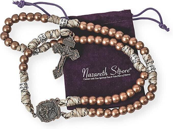 St. Michael Copper Rugged Paracord Rosary Necklace Strong Metal Beads Our Father Rosario - Nazareth Store