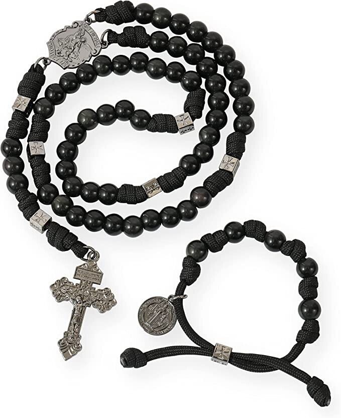 Black Agate Rosary Beads Paracord Set St. Michael Necklace & St. Benedict 22" Nazareth Store