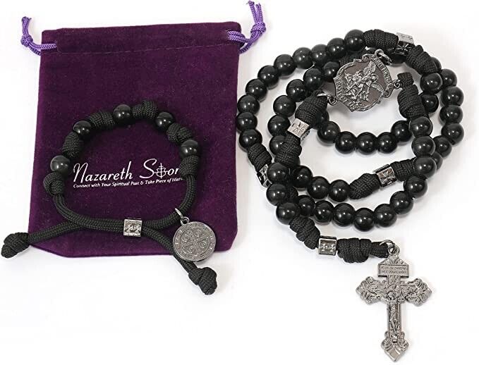 Black Agate Rosary Beads Paracord Set St. Michael Necklace & St. Benedict 22" Nazareth Store