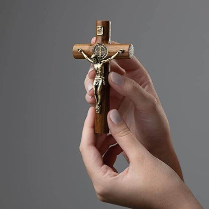 Walnut Wood Wall St. Benedict Cross Gold Jesus Wall Hanging Catholic Crucifix - Nazareth Store