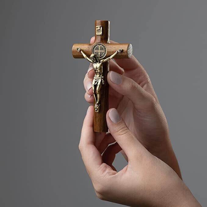 Walnut Wood Wall St. Benedict Cross Gold Jesus Wall Hanging Catholic Crucifix - Nazareth Store