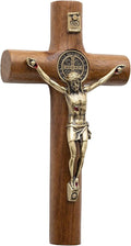 Walnut Wood Wall St. Benedict Cross Gold Jesus Wall Hanging Catholic Crucifix Nazareth Store