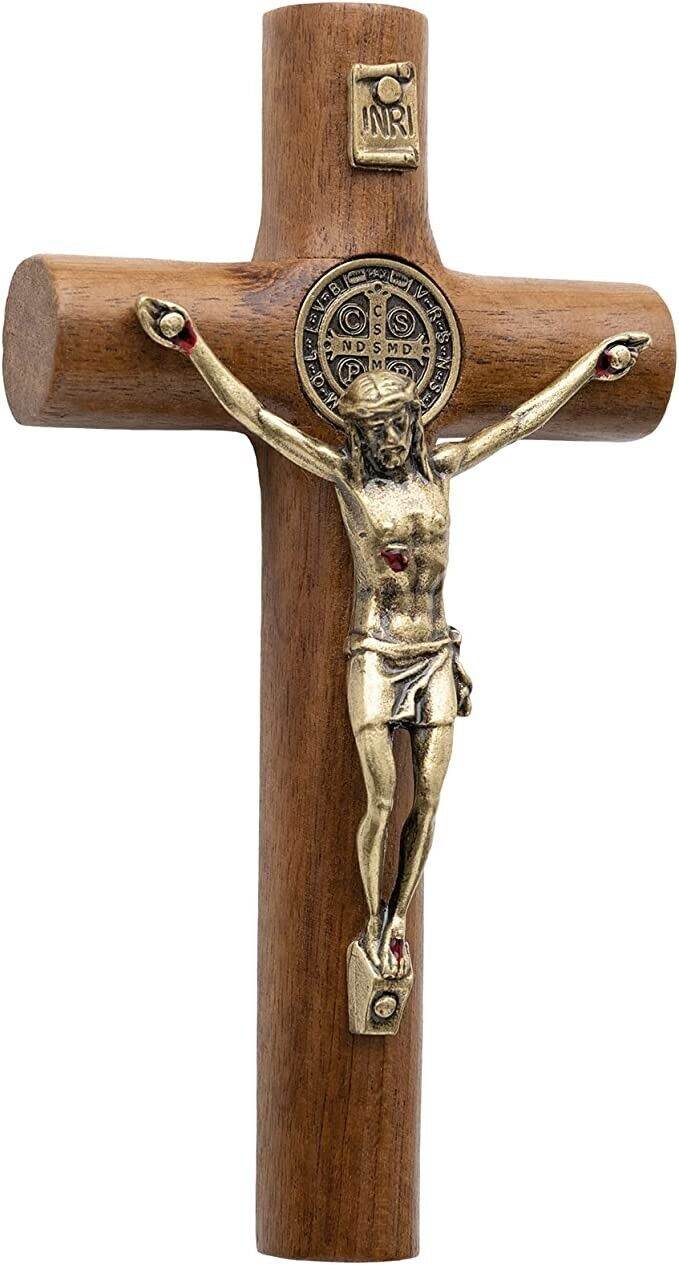 Walnut Wood Wall St. Benedict Cross Gold Jesus Wall Hanging Catholic Crucifix - Nazareth Store