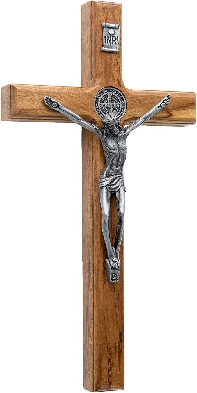 St. Benedict  Wooden Wall Hanging Silver Jesus Cross Catholic 7.5" 