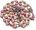 Pink Rose Aventurine Stone Beads Necklace - Holy Soil Medal and Cross Crucifix Nazareth Store