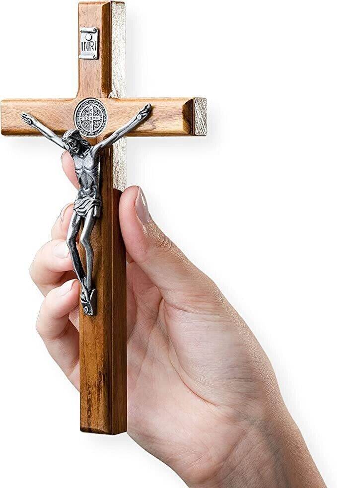 Wooden Wall Hanging Jesus Cross Walnut Solid Wood St. Benedict Protection Medal - Nazareth Store