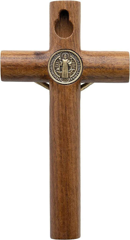 Walnut Wood Wall St. Benedict Cross Gold Jesus Wall Hanging Catholic Crucifix - Nazareth Store