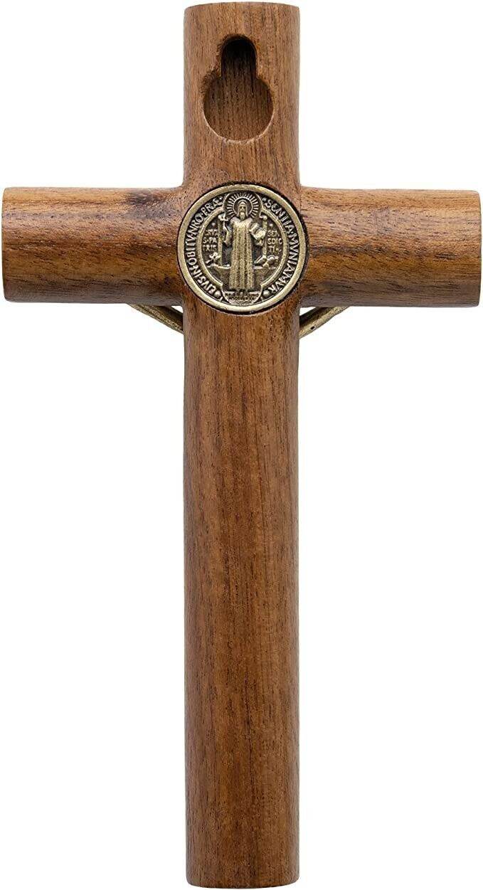 Walnut Wood Wall St. Benedict Cross Gold Jesus Wall Hanging Catholic Crucifix - Nazareth Store