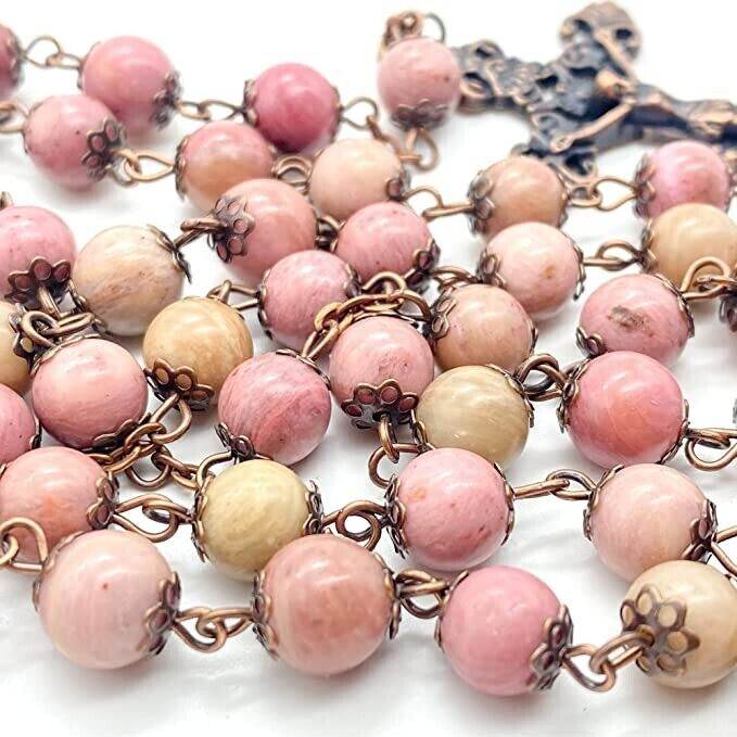 Pink Rose Aventurine Stone Rosary Necklace with Holy Soil Medal & Antique Bronze Cross - Nazareth Store