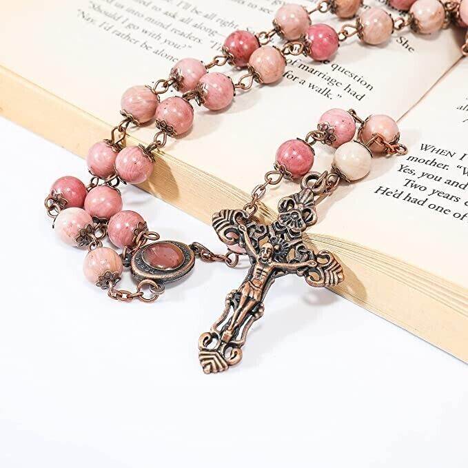 Pink Rose Aventurine Stone Rosary Necklace with Holy Soil Medal & Antique Bronze Cross - Nazareth Store