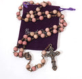 Pink Rose Aventurine Stone Beads Necklace - Holy Soil Medal and Cross Crucifix Nazareth Store