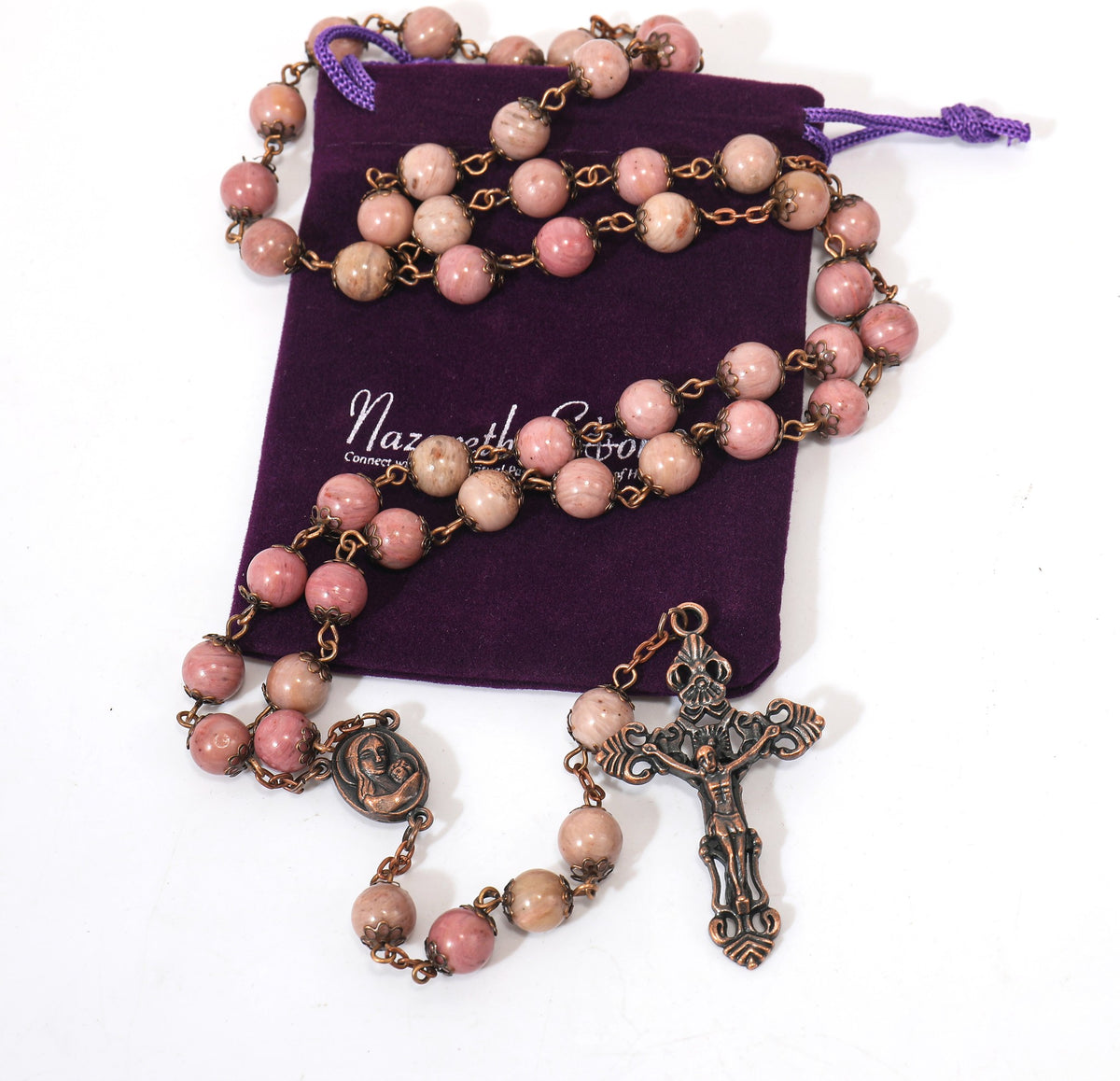 Pink Rose Aventurine Stone Rosary Necklace with Holy Soil Medal & Antique Bronze Cross - Nazareth Store