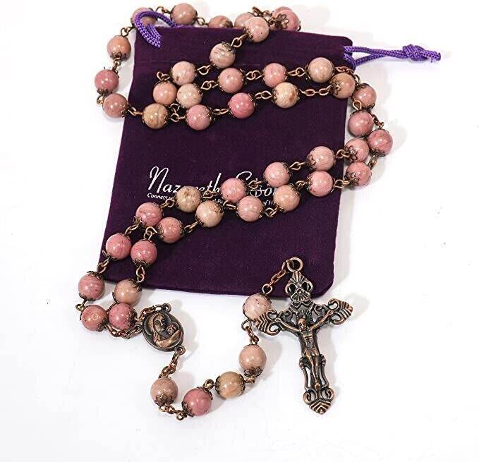 Pink Rose Aventurine Stone Rosary Necklace with Holy Soil Medal & Antique Bronze Cross - Nazareth Store