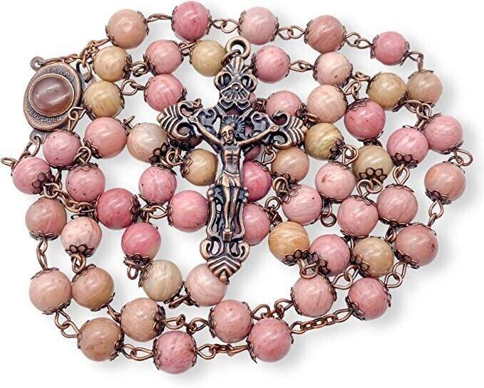 Pink Rose Aventurine Stone Beads Rosary with Holy Soil Medal and Antique Bronze Cross - Nazareth Store