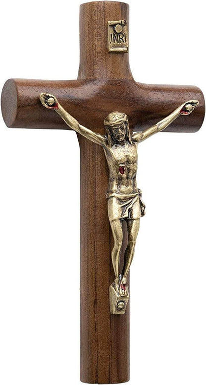 Walnut Wood Wall Cross Antique Gold Jesus INRI Cross Hanging Catholic Crucifix - Nazareth Store