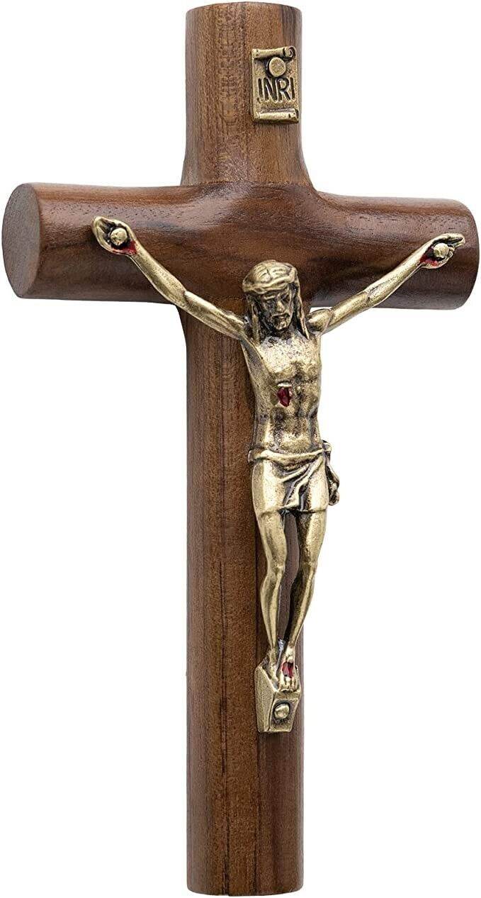 Walnut Wood Wall Cross Antique Gold Jesus INRI Cross Hanging Catholic Crucifix - Nazareth Store