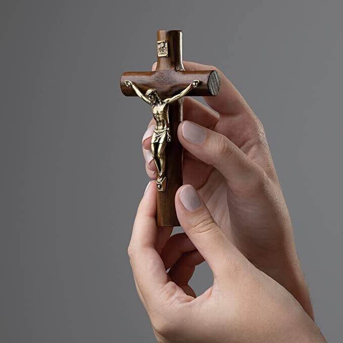 Walnut Wood Wall Cross Antique Gold Jesus INRI Cross Hanging Catholic Crucifix - Nazareth Store