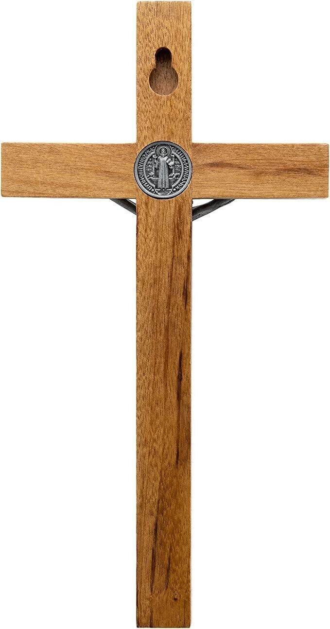 Wooden Wall Hanging Jesus Cross Walnut Solid Wood St. Benedict Protection Medal - Nazareth Store