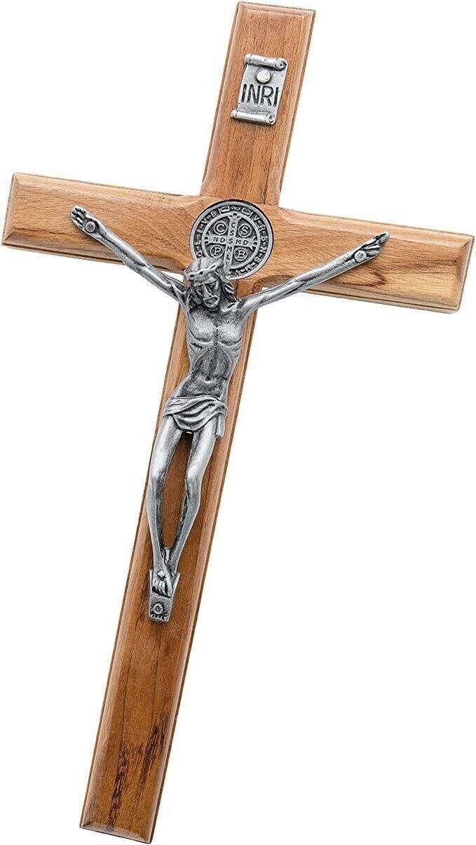 Wooden Wall Hanging Jesus Cross Walnut Solid Wood St. Benedict Protection Medal - Nazareth Store