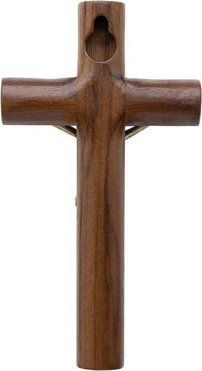 Walnut Wood Wall Cross Antique Gold Jesus INRI Cross Hanging Catholic Crucifix - Nazareth Store