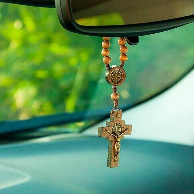 St. Benedict Wood Beads Car Rearview Mirror Rosary One Decade Protection Chaplet - Nazareth Store