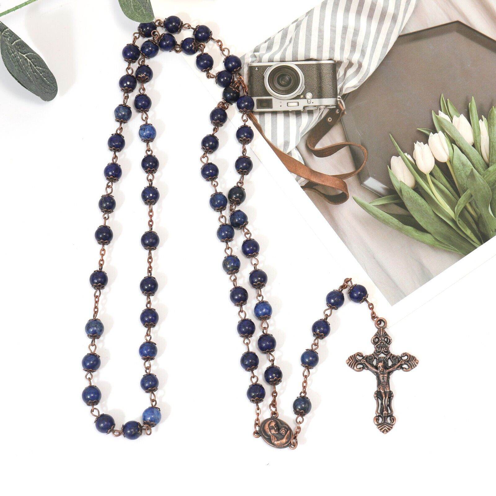 Blue Lapis Lazuli Natural Stone Rosary Necklace with Holy Soil Medal & Cross - Nazareth Store