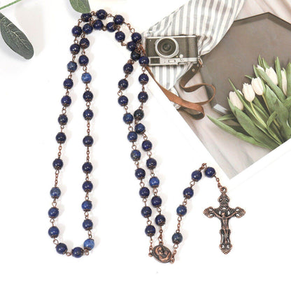 Blue Lapis Lazuli Natural Stone Rosary Necklace with Holy Soil Medal & Cross - Nazareth Store