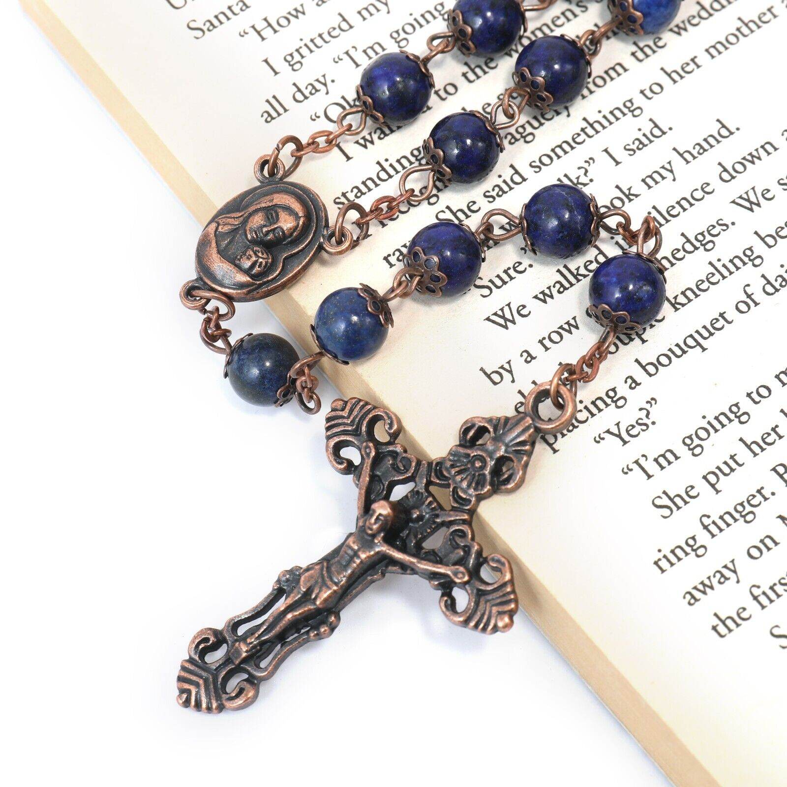 Blue Lapis Lazuli Natural Stone Rosary Beads Necklace Holy Soil & Cross - Nazareth Store