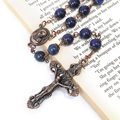 Blue Lapis Lazuli Natural Stone Rosary Necklace with Holy Soil Medal & Cross - Nazareth Store