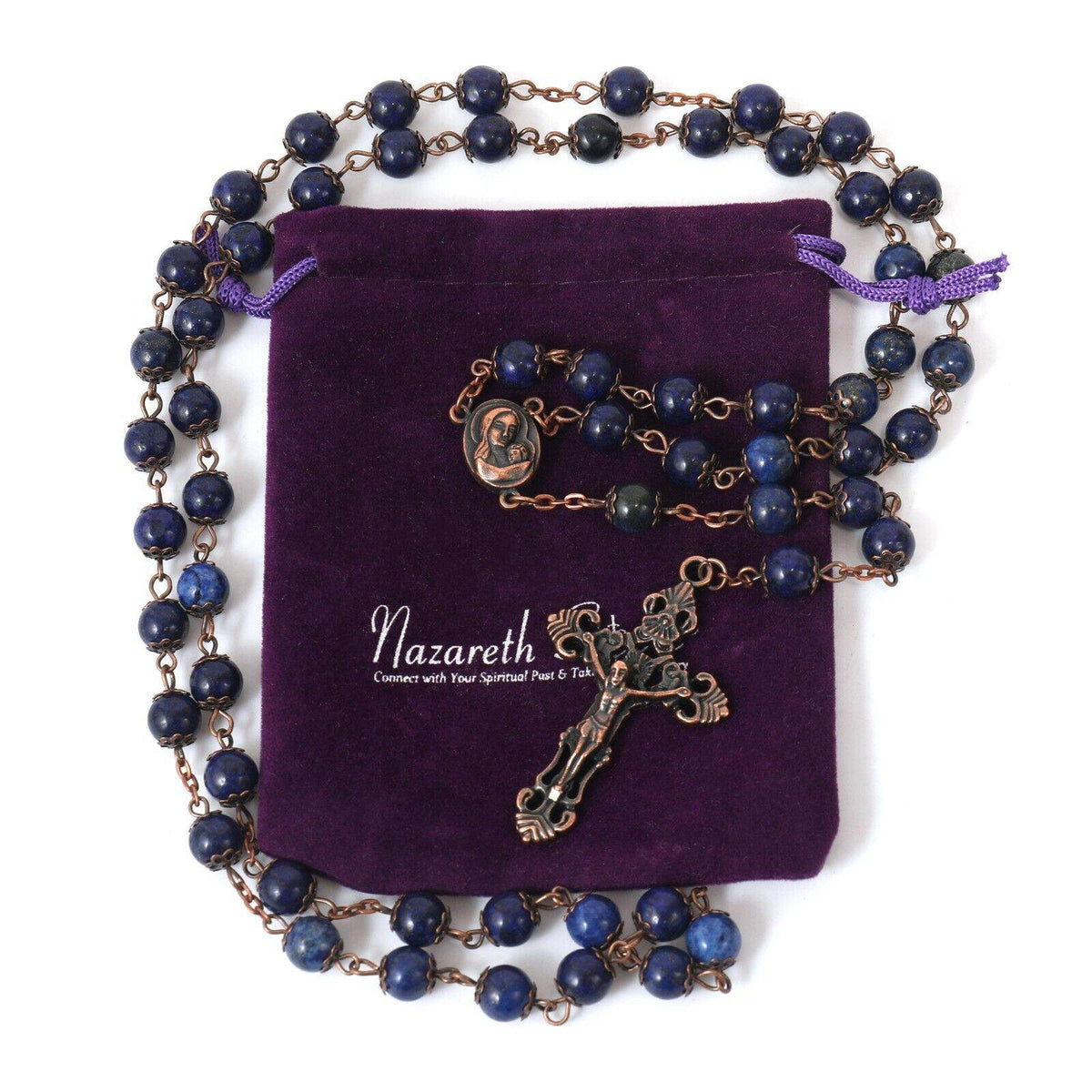 Rosary Necklace Blue Lapis Lazuli Natural Stone with Holy Soil