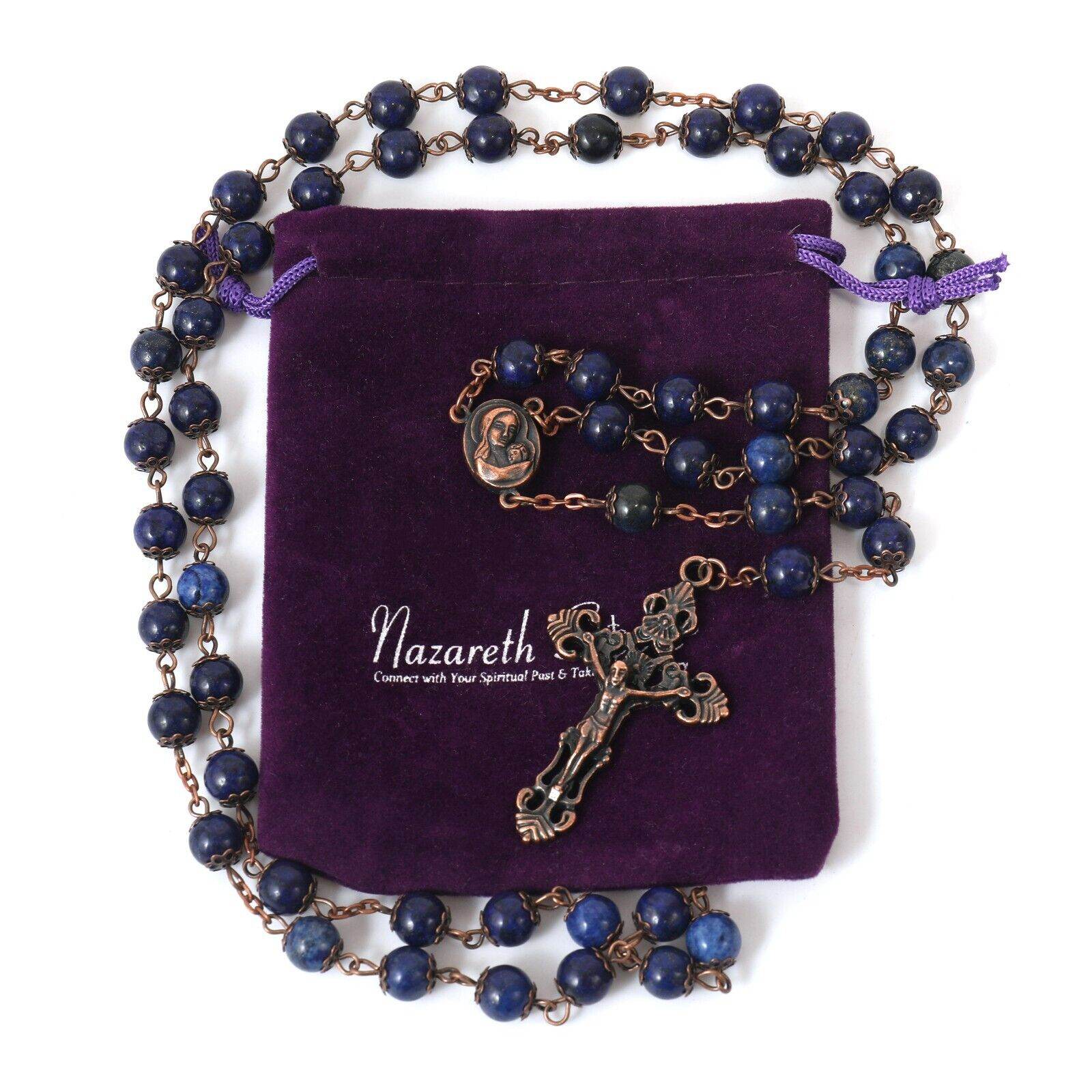 Blue Lapis Lazuli Natural Stone Rosary Beads Necklace Holy Soil & Cross - Nazareth Store