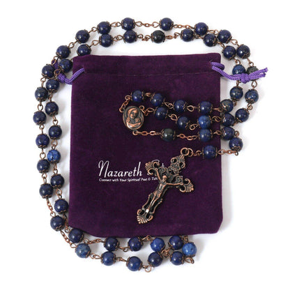 Blue Lapis Lazuli Natural Stone Rosary Necklace with Holy Soil Medal & Cross - Nazareth Store