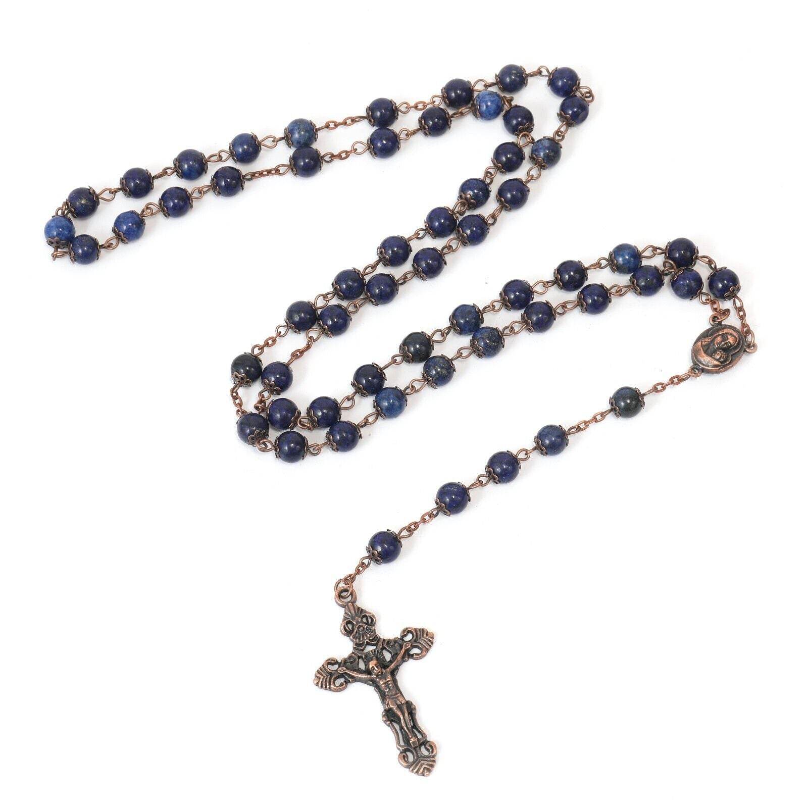 Blue Lapis Lazuli Natural Stone Rosary Necklace with Holy Soil Medal & Cross - Nazareth Store