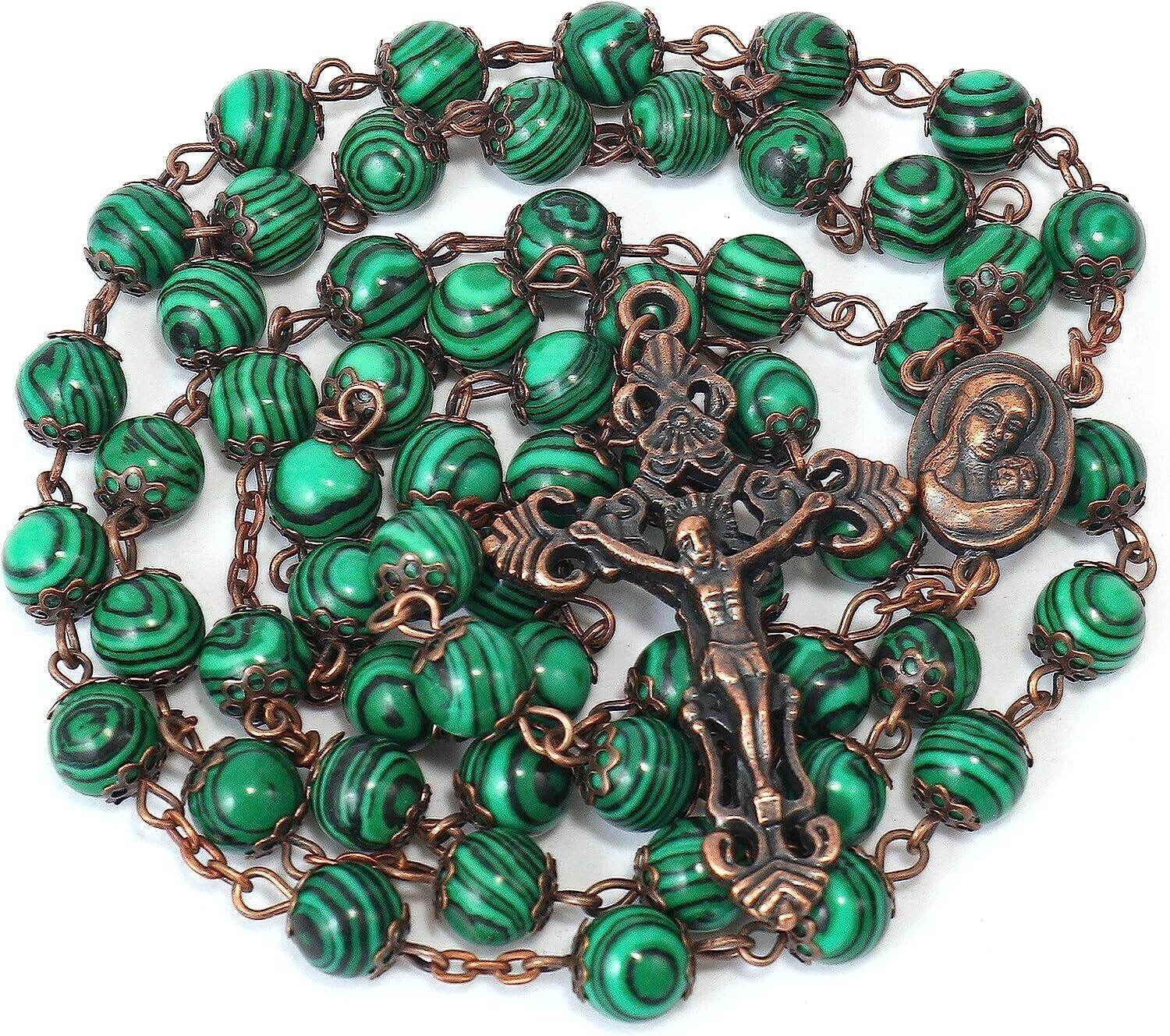 Malachite Natural Stone Rosary Beads Necklace Holy Soil & Cross Crucifix - Nazareth Store