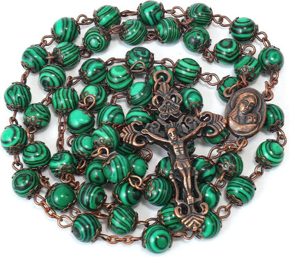 Malachite Natural Stone Rosary Beads Necklace Holy Soil & Cross Crucifix - Nazareth Store