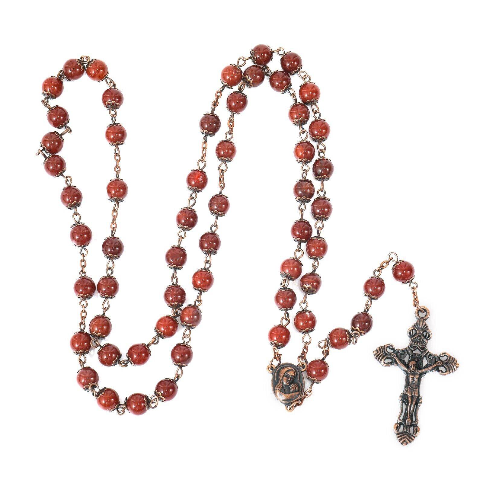 Red Carnelian Natural Stone Rosary Beads Necklace Holy Soil & Cross Crucifix - Nazareth Store