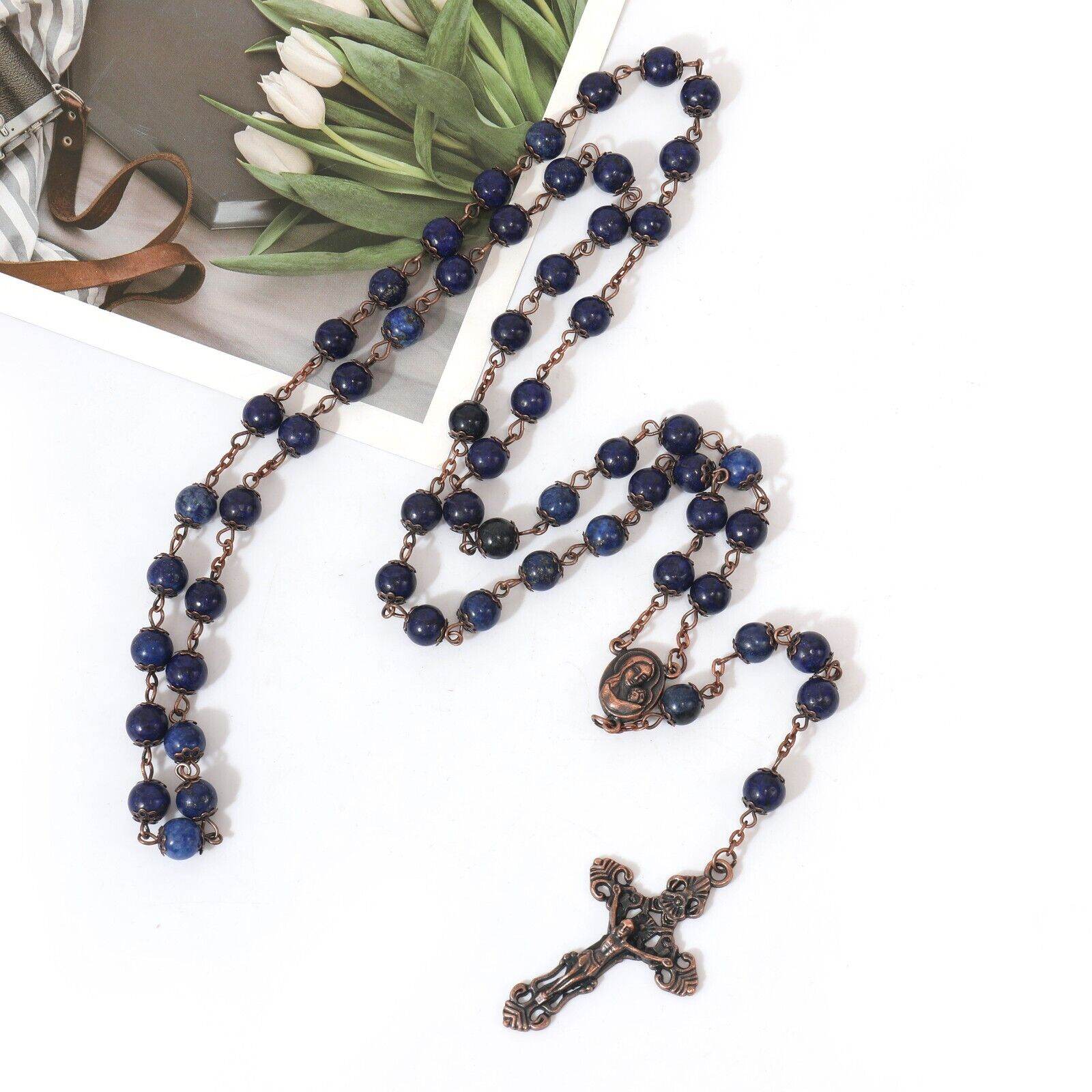 Blue Lapis Lazuli Natural Stone Rosary Necklace with Holy Soil Medal & Cross - Nazareth Store
