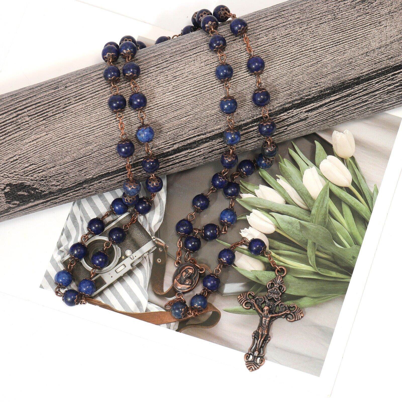 Blue Lapis Lazuli Natural Stone Rosary Necklace with Holy Soil Medal & Cross - Nazareth Store