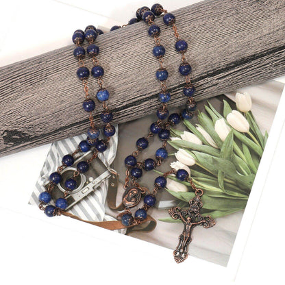 Blue Lapis Lazuli Natural Stone Rosary Necklace with Holy Soil Medal & Cross - Nazareth Store