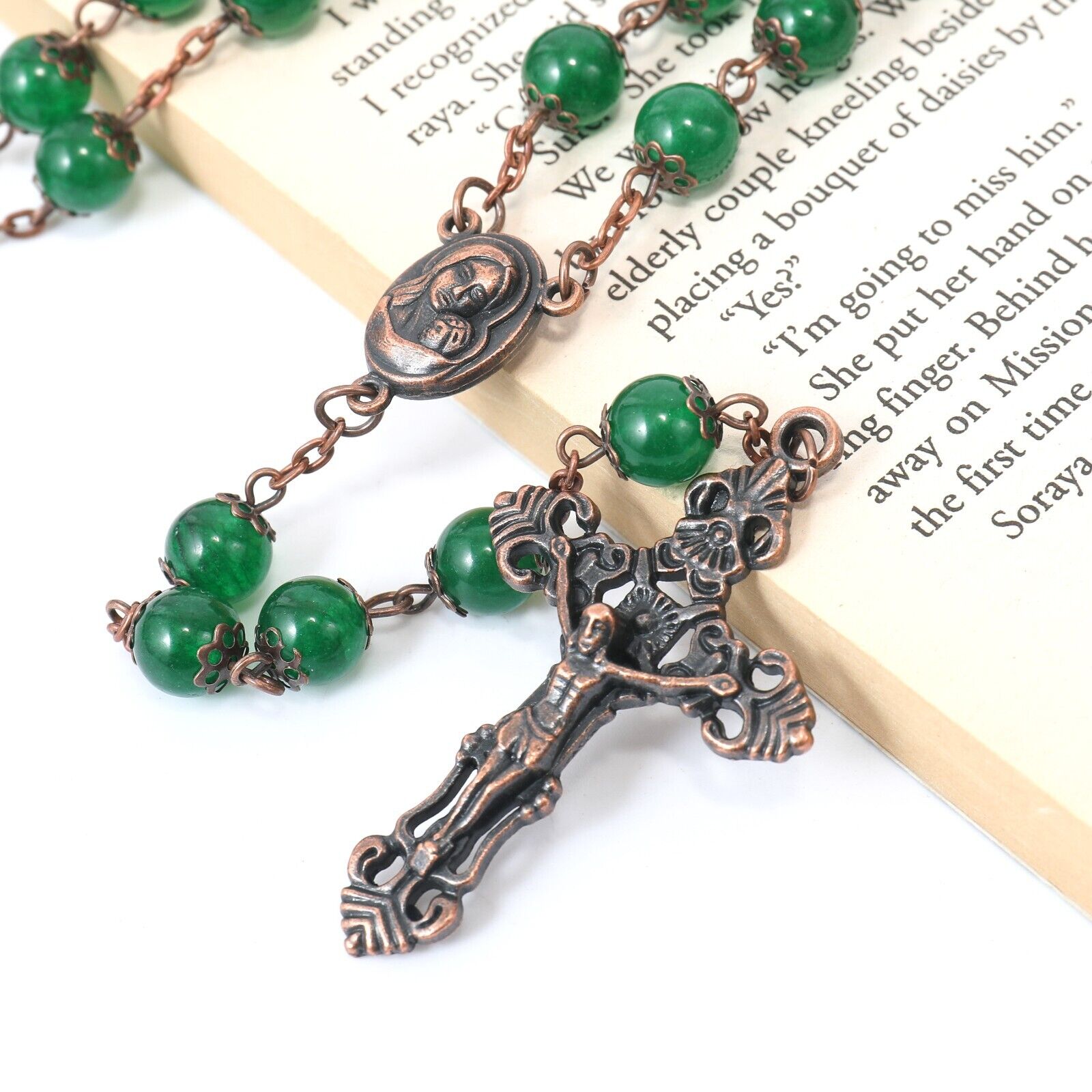 Malachite Natural Stone Rosary Beads Necklace Holy Soil & Cross Crucifix Nazareth Store