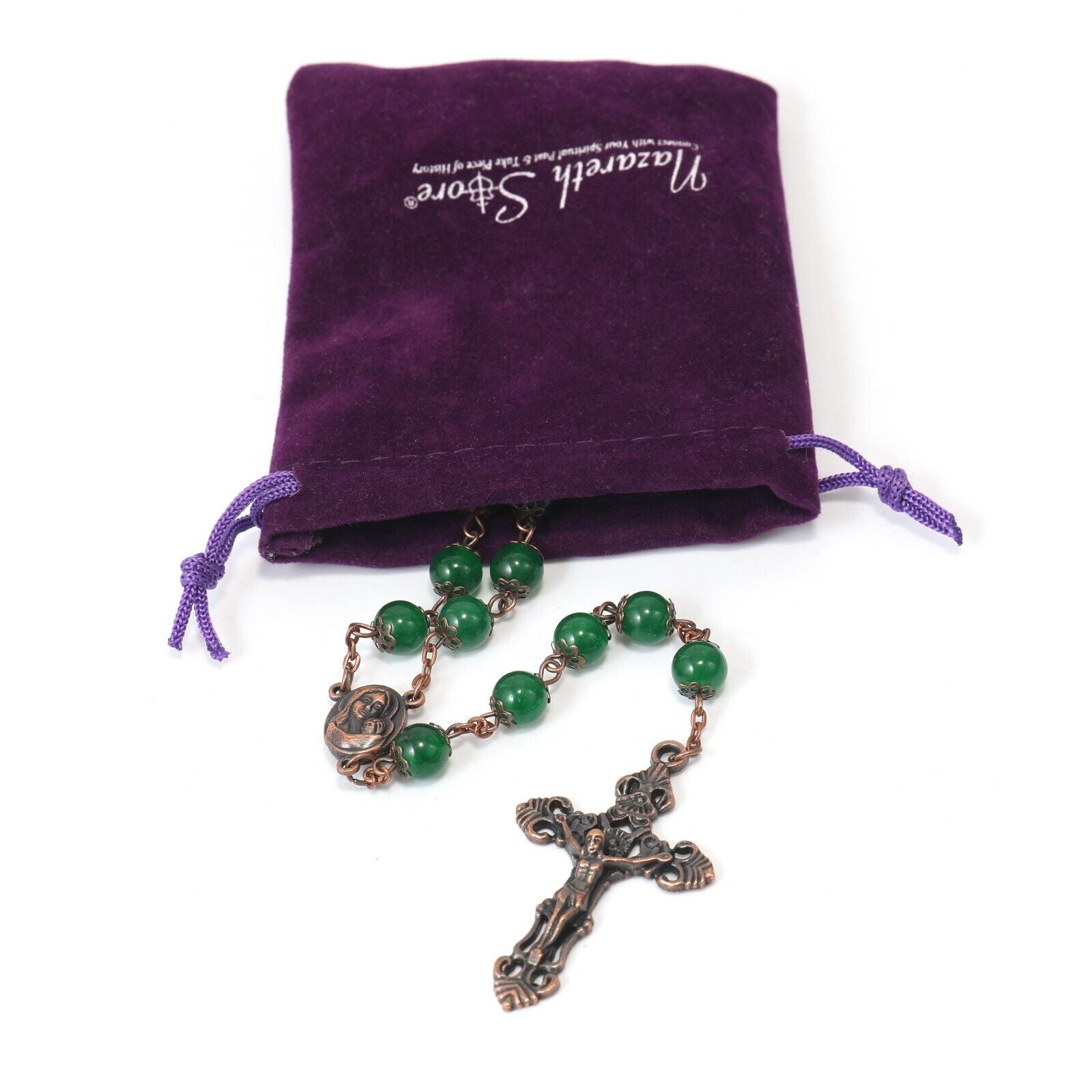 Malachite Natural Stone Rosary Beads Necklace Holy Soil & Cross Crucifix Nazareth Store