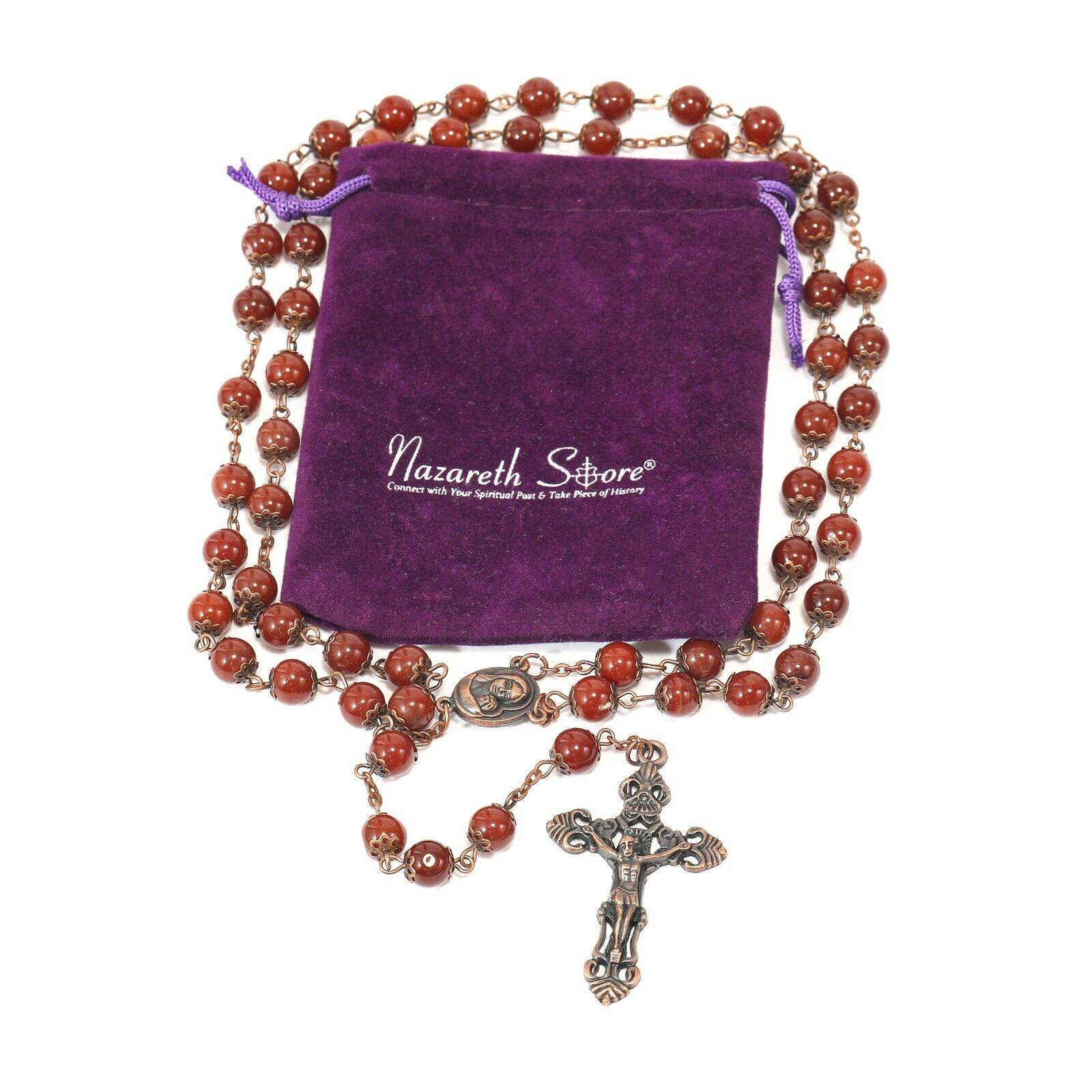 Red Carnelian Natural Stone Rosary Necklace with Holy Soil Medal & Crucifix Cross - Nazareth Store