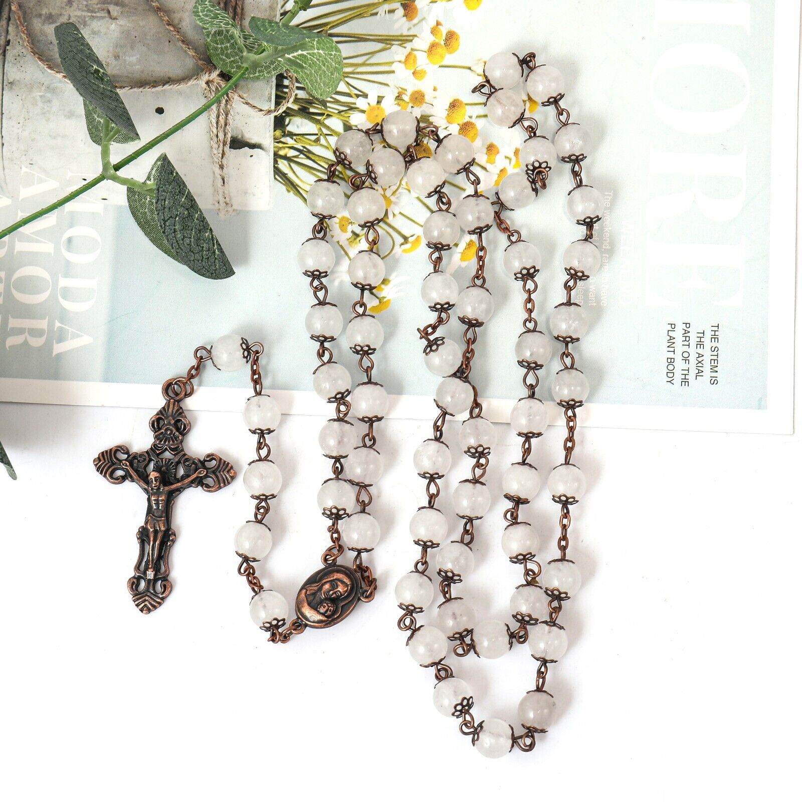 Clear Agate Natural Stone Rosary Beads Necklace Holy Soil & Cross Crucifix - Nazareth Store