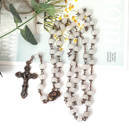 Clear Agate Natural Stone Rosary Beads Necklace Holy Soil & Cross Crucifix - Nazareth Store