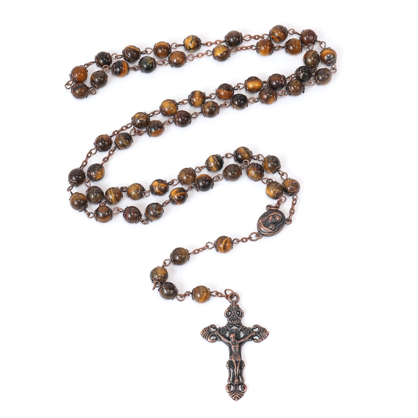 Tiger Eye Natural Stone Rosary Beads Necklace Holy Soil & Cross Crucifix Nazareth Store