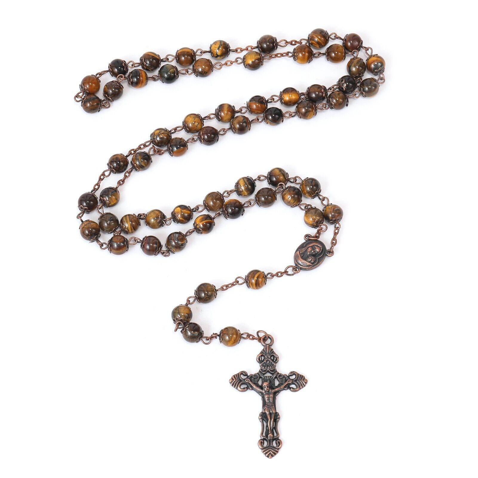 Tiger Eye Natural Stone Beads Rosary Necklace with Holy Soil Medal & Crucifix Cross - Nazareth Store